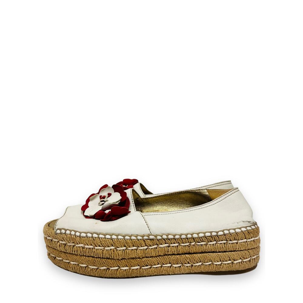 PRADA White Leather Floral Appliqued Peep Toe Platform Espadrilles Flats 38.5 - Picture 5 of 8